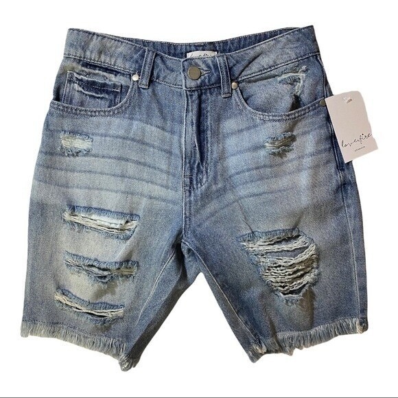 Love Fire Denim Shorts Blue Distressed Frayed Hem Mid Rise LA Fringe Vintage 5 - Picture 1 of 8